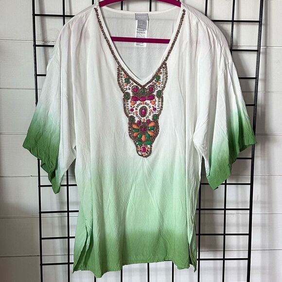 CHICO'S Embellished Kurta Tunic Top Womens 2 Emerald Ombre Bohemian Resortwear - Picture 4 of 13